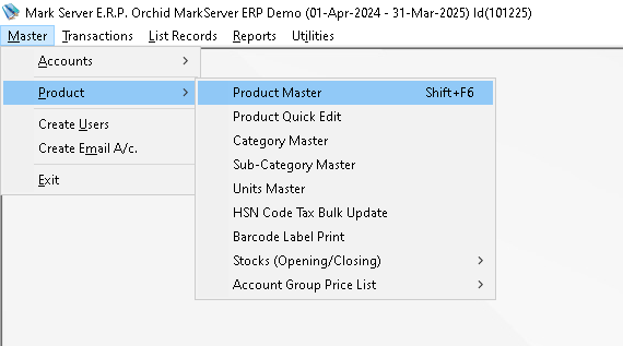 Purchase Master Creating Product Master Create