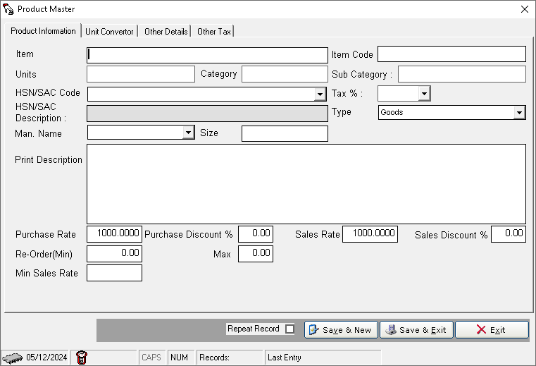 Purchase Master Creating Product Master Create