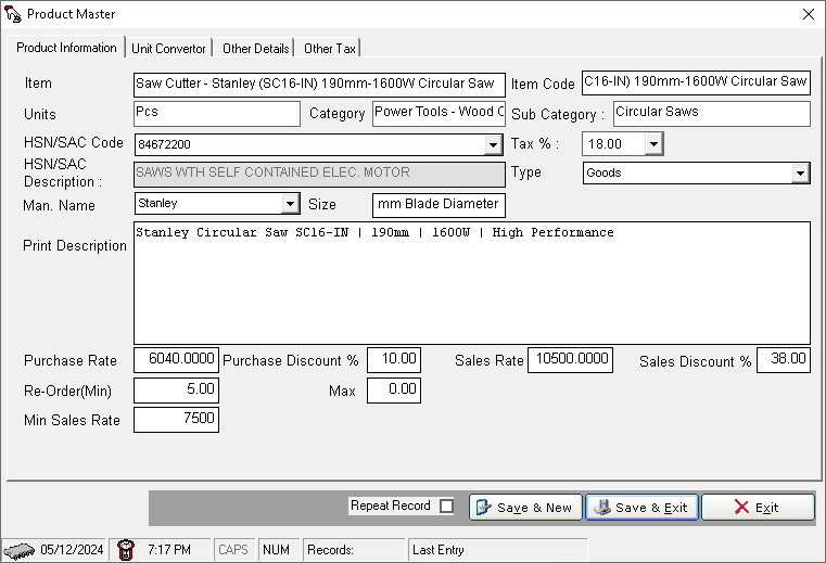 Product Master Create